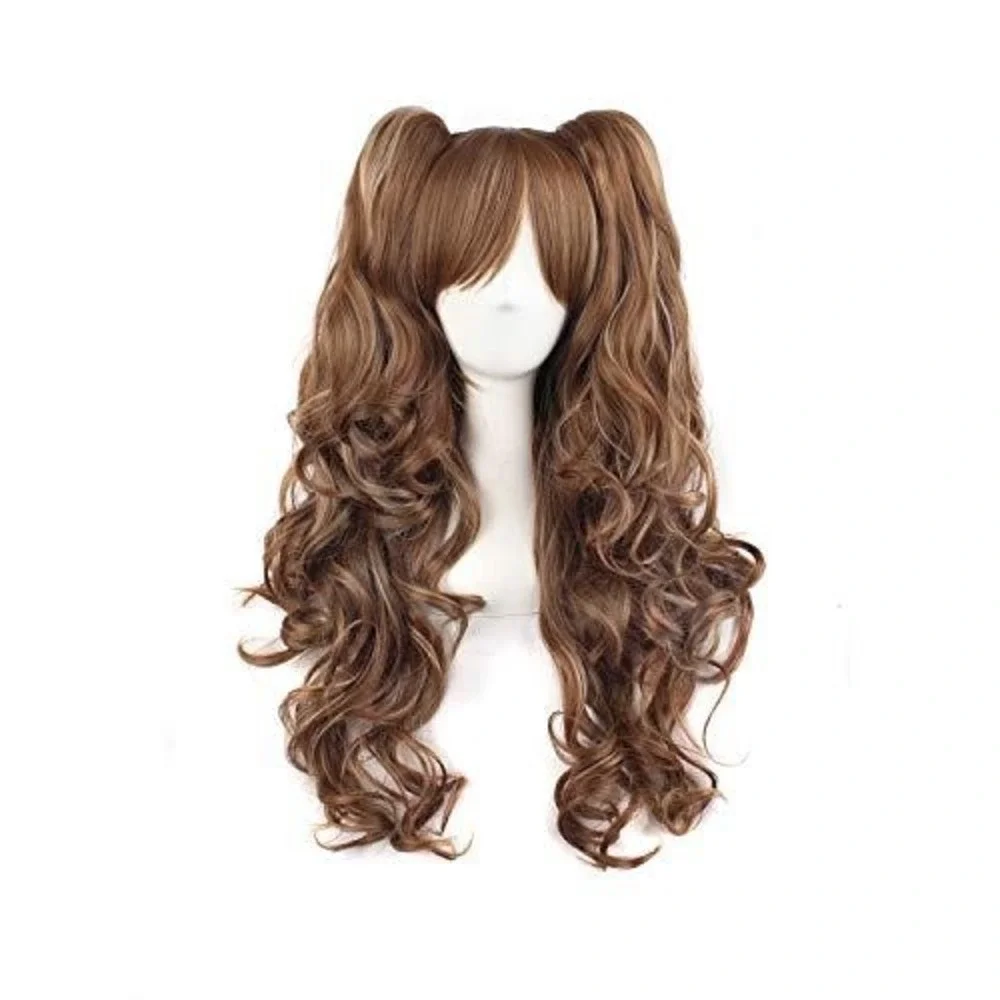 Long Curly Brown Cosplay Wig with Detachable Pigtails‎ and Bangs Anime Style